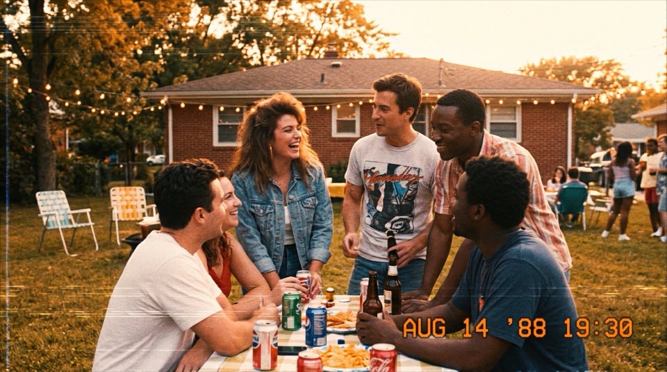 A [scene description] in the [decade], consumer-grade VHS…