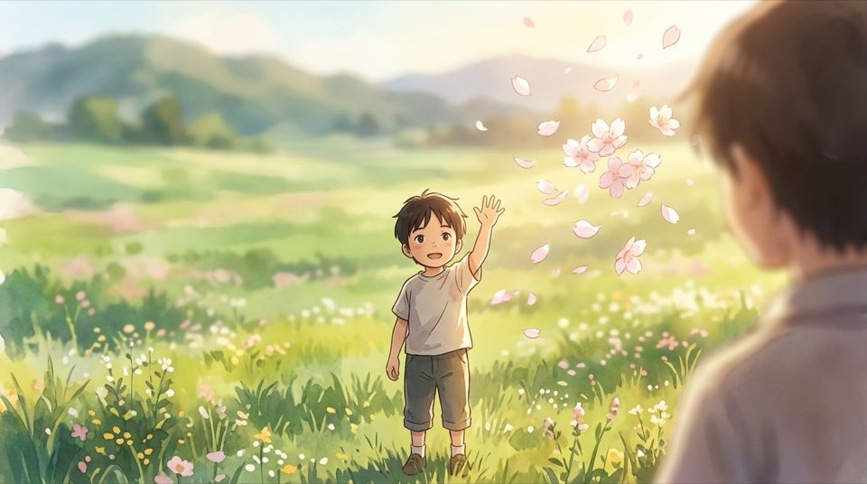 young child standing in a sunlit field — waving goodbye