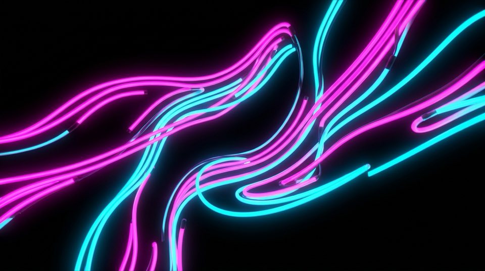 Neon light tubes arranged in abstract flowing formations…