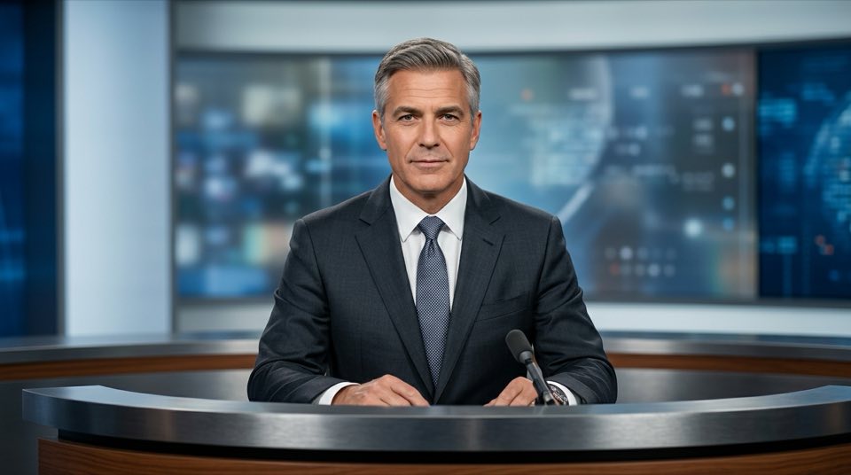 A photorealistic AI [role] positioned behind a [set descr…