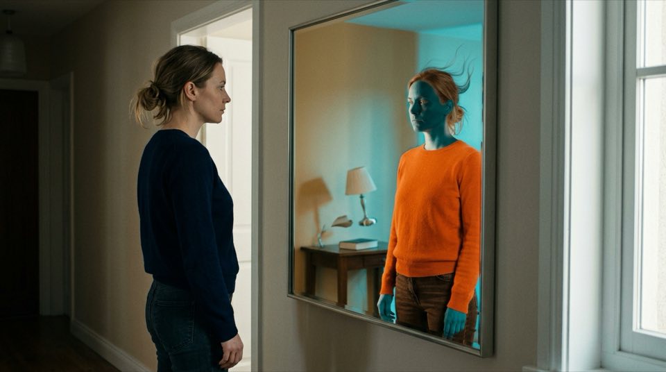 A [character] standing before a mirror, [] — the reflecti…