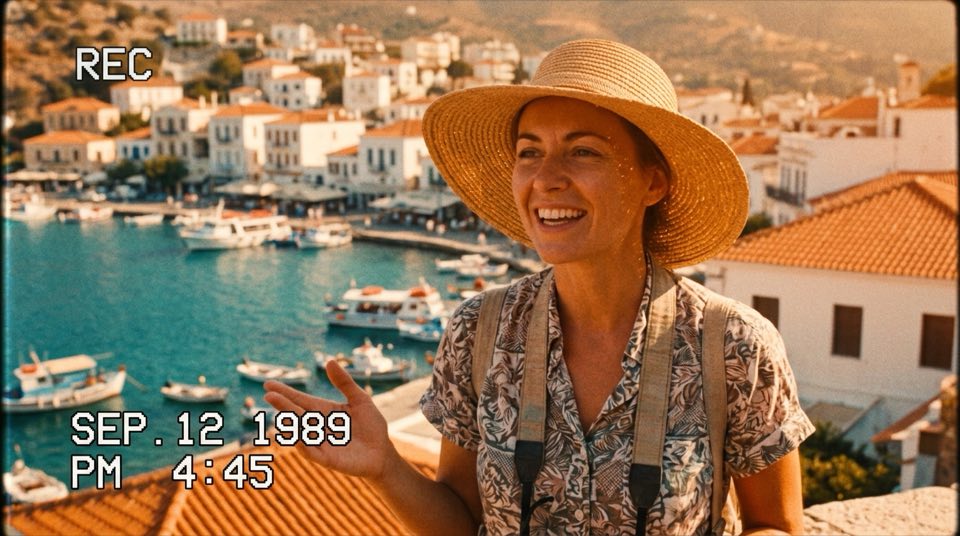 A [decade] travel documentary frame of [location], [] han…