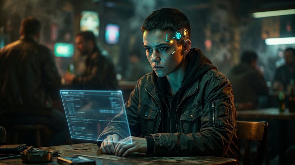 A [character archetype] with [visible tech augmentation]…