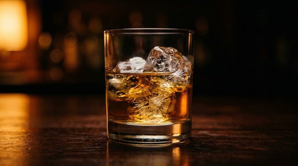 A [drink type] in a glass, [] from low three-quarter angl…