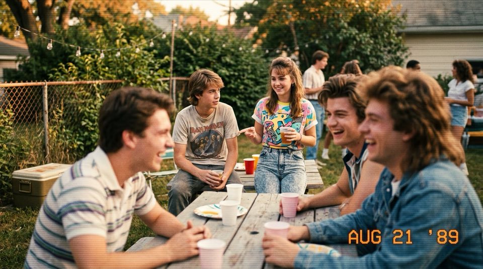 A [scene description] in the [decade], [] wide shot at ch…