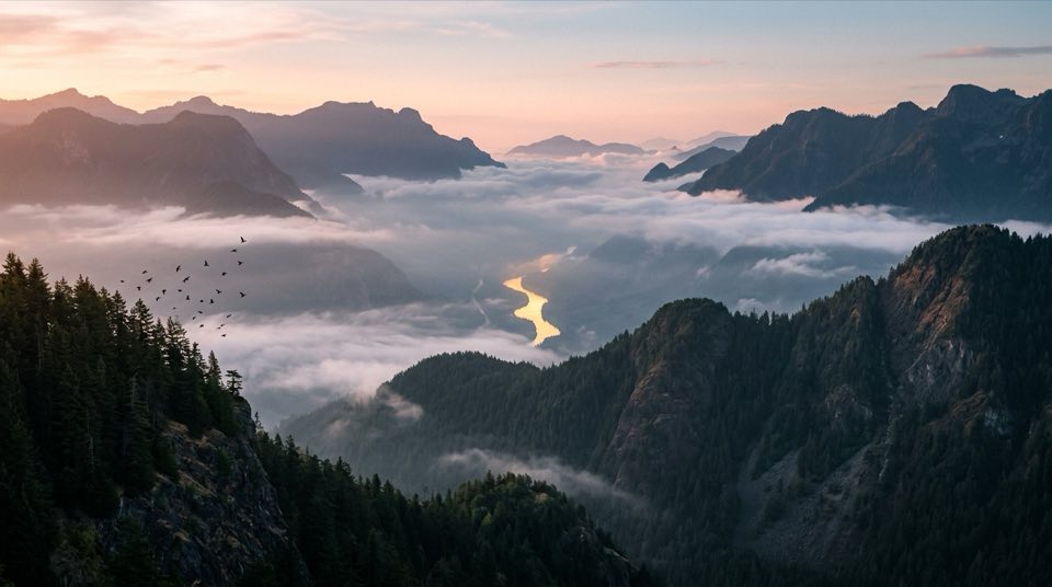 A [landscape type] at [time of day], [] wide holding the…