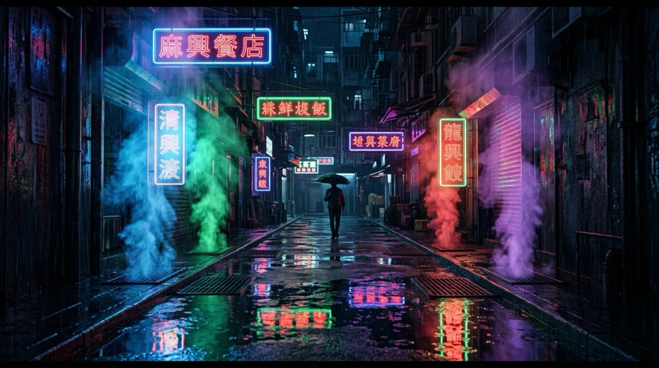 A rain-soaked [location type] at night, [] — neon signs i…