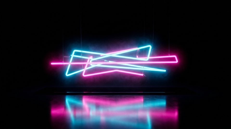 Neon light tubes suspended in a lightless void, [] — tube…