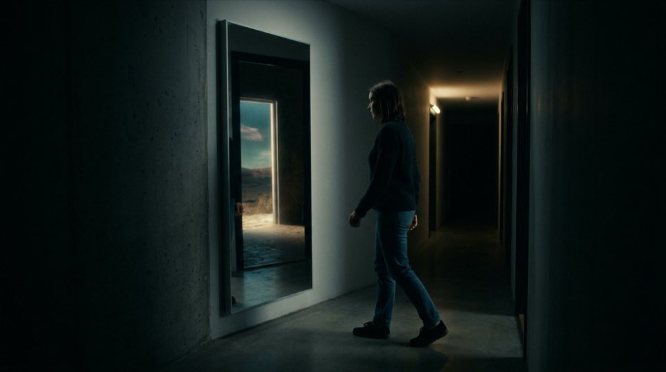 A [character] approaching a full-length mirror in a [ordi…