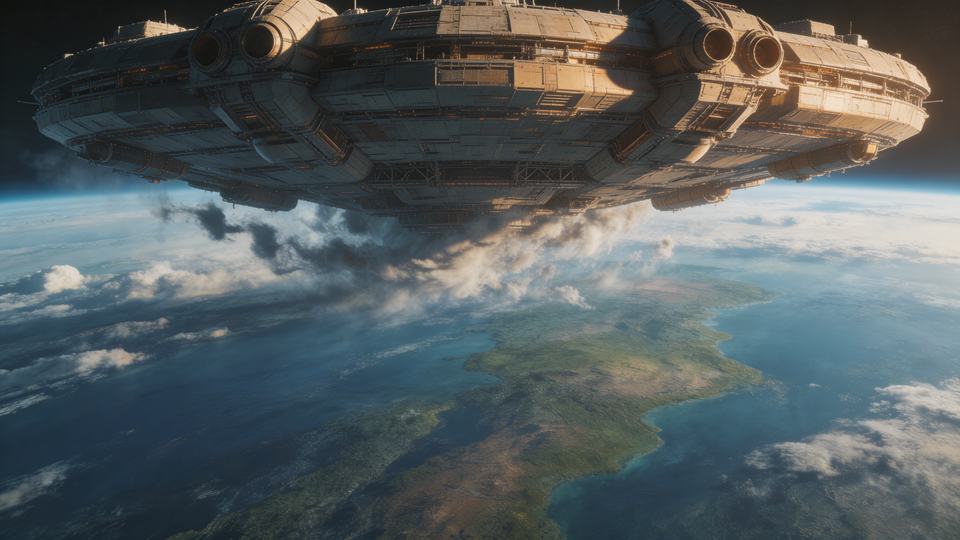 A [spacecraft type] breaking through cloud cover, [] hold…