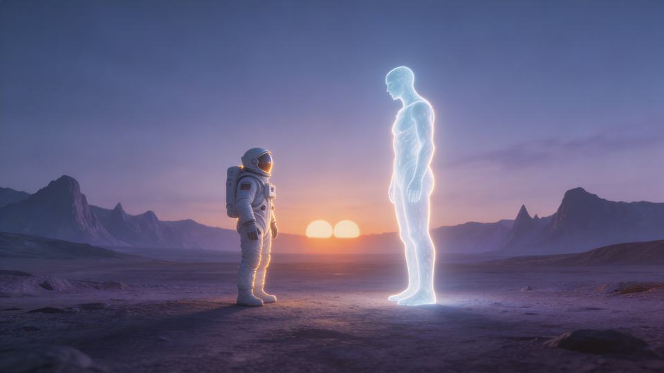 First contact moment — a [alien form] and a [human figure…