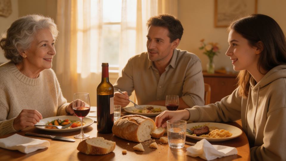 A [meal type] being shared by [group description] at [set…