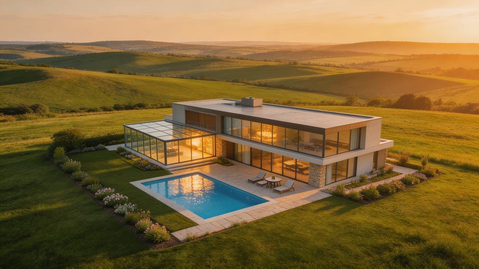 Aerial drone view of a [property type] set in [landscape]…