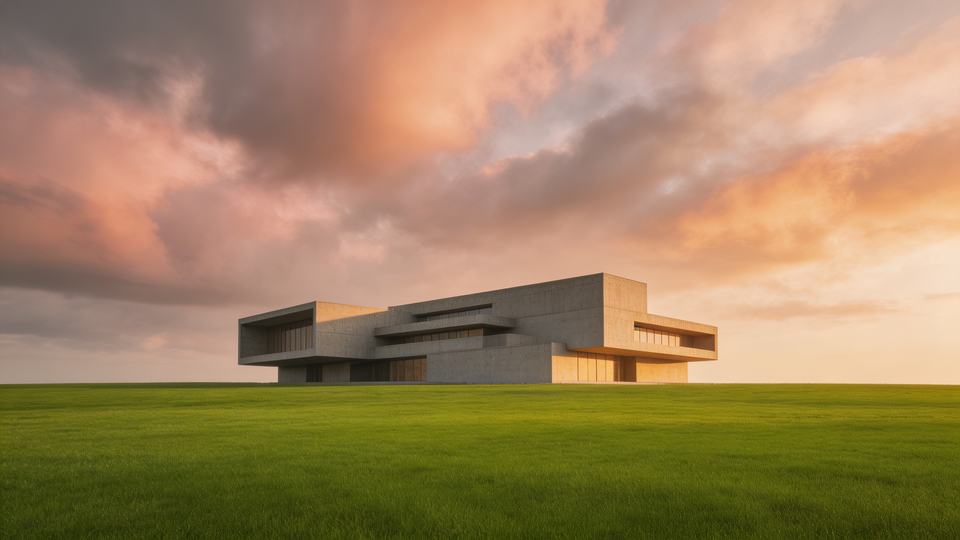 Exterior of a [building type] against a [sky condition] s…