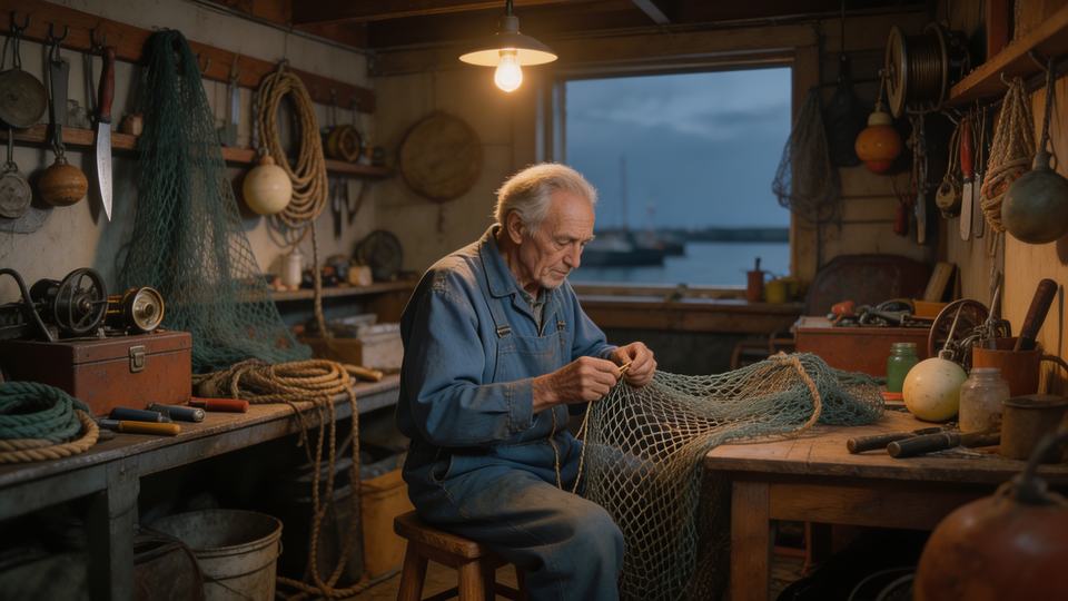 retired fisherman — mending nets by a small light