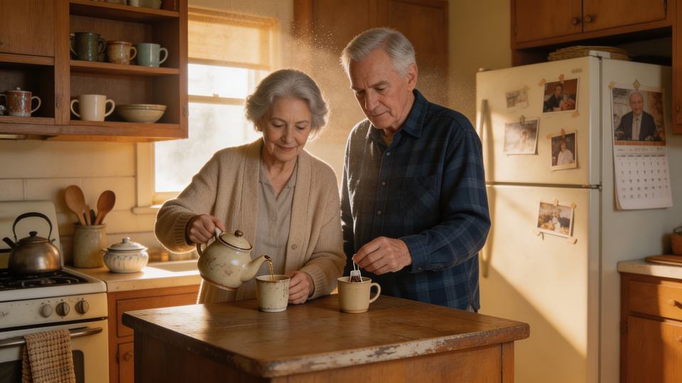 Two [relationship type] in [shared space] — [] at a dista…