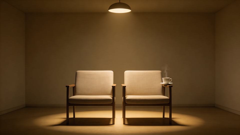 Two chairs in an empty [space type] — [] at mid-distance,…