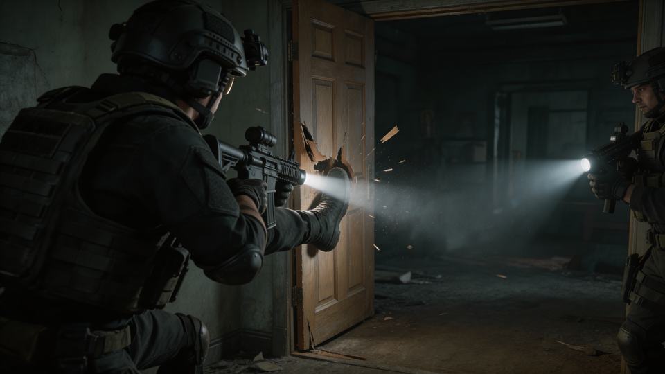 A [soldier or operative type] breaching a [location type]…