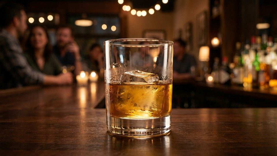 A [beverage type] glass or bottle on a [bar or table surf…