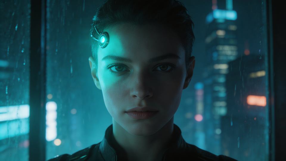 A photorealistic cyberpunk AI avatar — [] medium close-up…