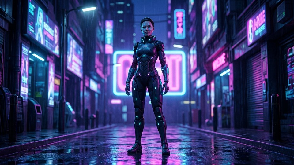 A full-body cyberpunk AI avatar standing in a [night envi…