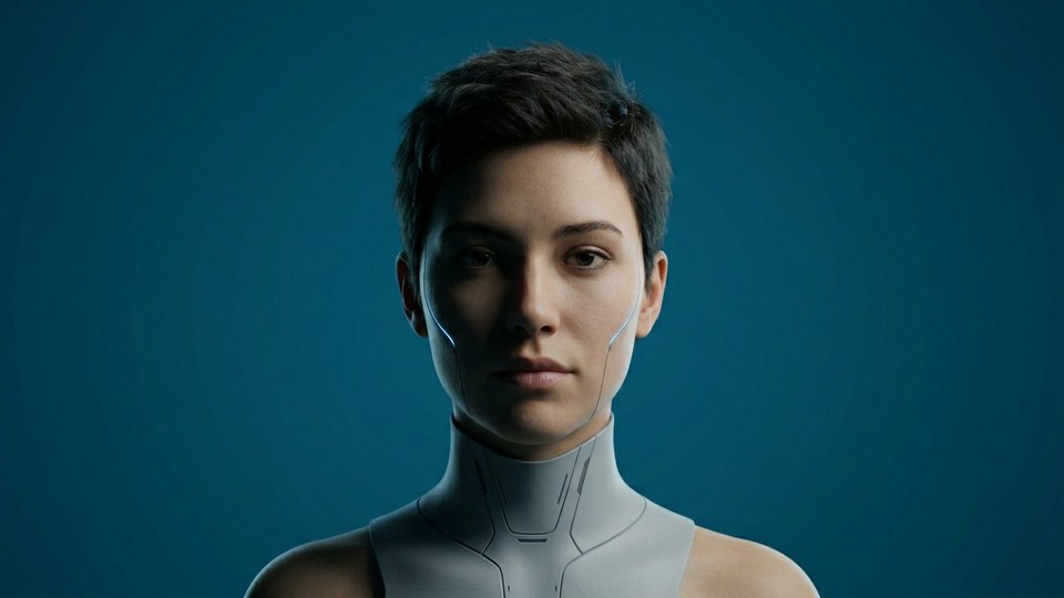 A photorealistic AI avatar against a pure [background col…