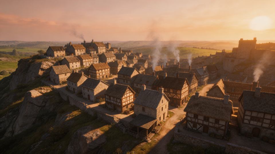 A [ancient or fantasy settlement type] at [time of day] —…