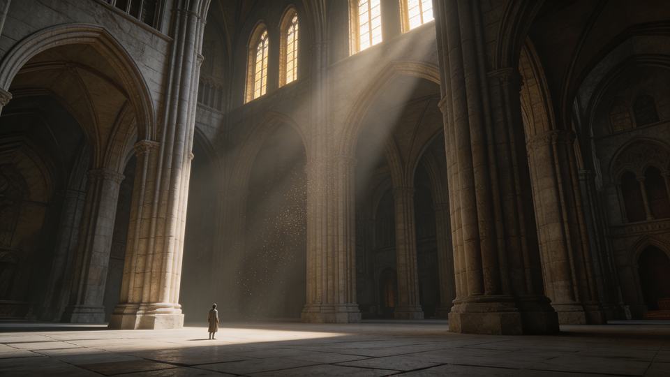 The interior of a [vast man-made or natural space] — [] w…