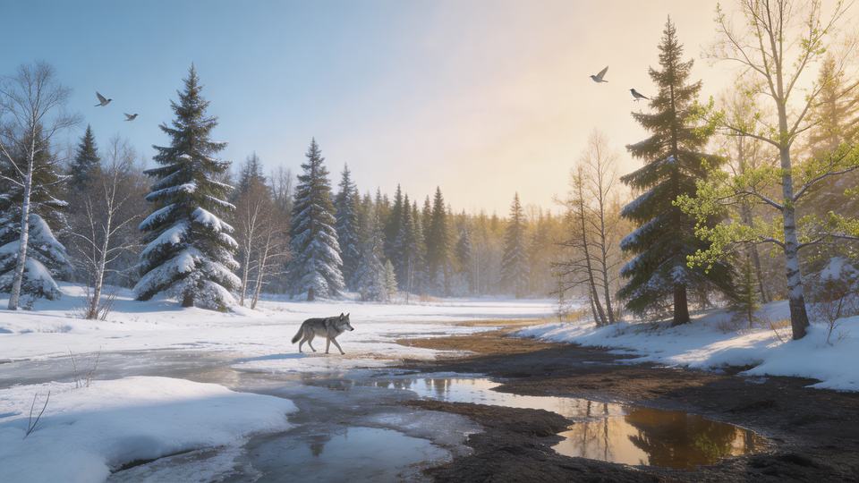 A [landscape biome] in transition between [season A] and…