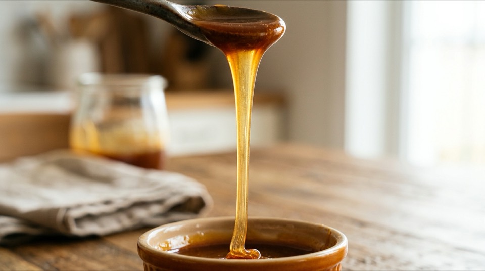 A [sauce or liquid food] pulled — two surfaces separating…