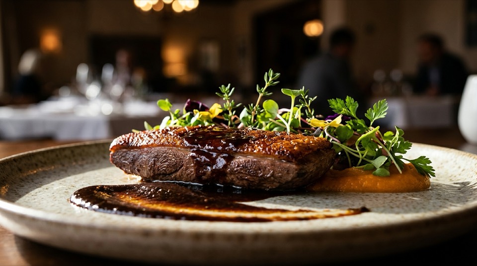 A [plated dish] on [surface] — [] at exact dish-edge leve…