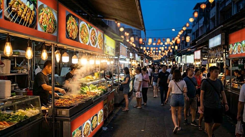 A [food market type] at [time of day] — [] wide from a po…
