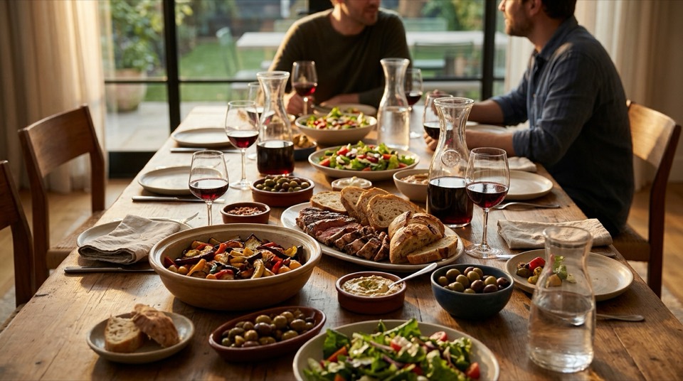 A [dining scene type] photographed at [time] — [] wide en…