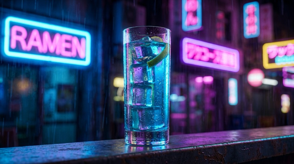 A [food or drink subject] in a [neon-lit environment] — […