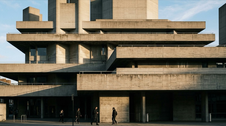 The facade of a [brutalist or concrete building] — [] dir…