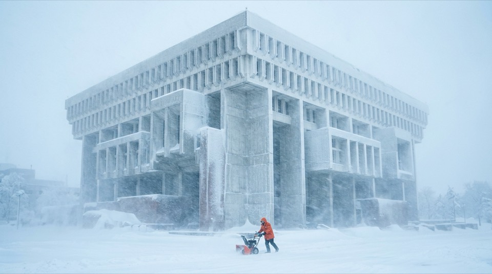 A [building type] in [extreme weather or light condition]…