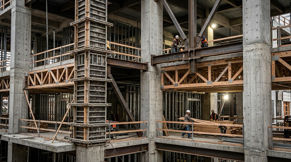 A [construction stage] of a [building type] — [] wide, th…