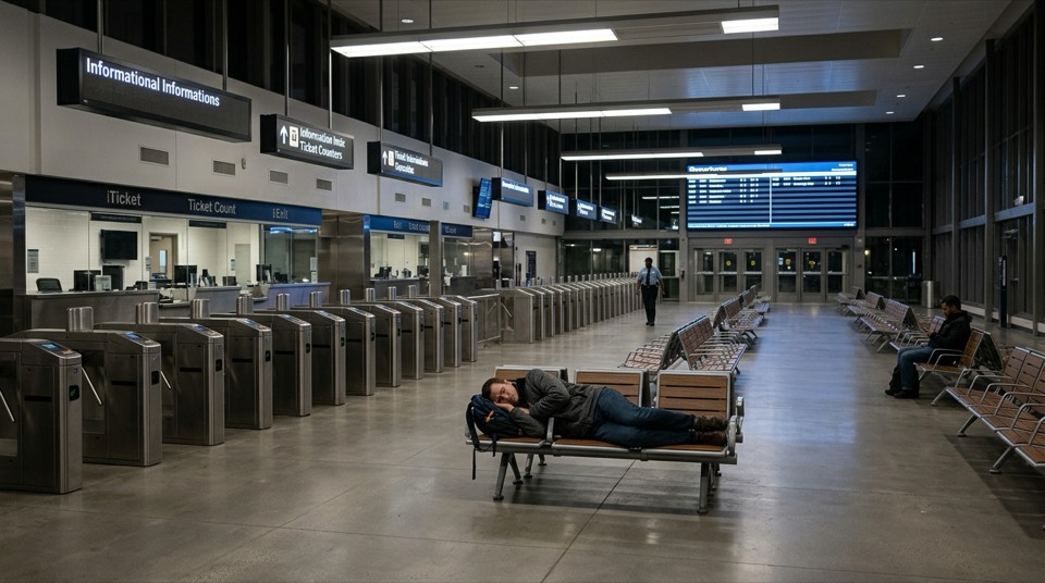 A [public space type] at [off-peak time] — [] wide from w…