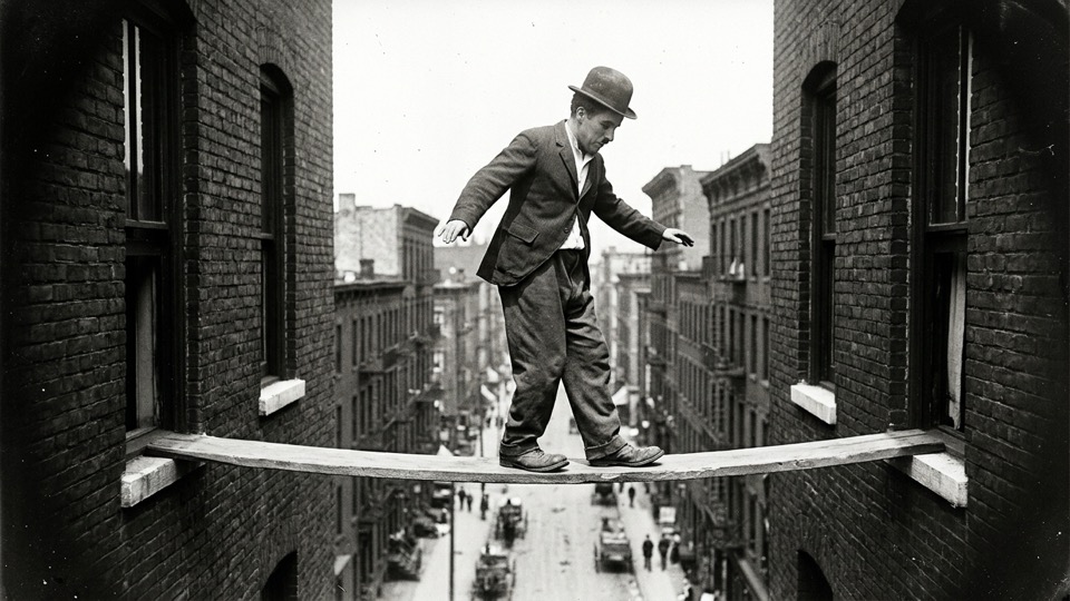 A lone [Chaplin-era everyman type] balanced precariously…