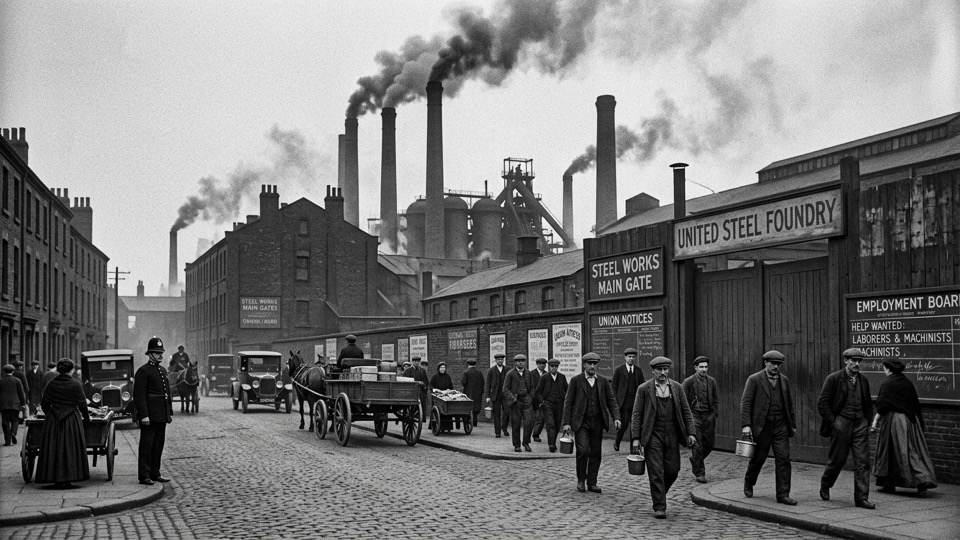 A [1920s industrial city district] in its full orthochrom…